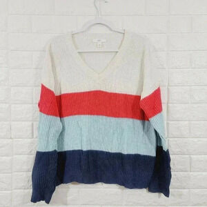 1901 V-Neck Knitted Pullover Sweater Color-Block L